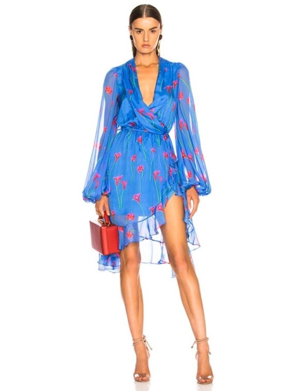 Caroline Constas Olivia Floral-Print Silk Ruffle Open-Back Dress Long Sleeve EUC
